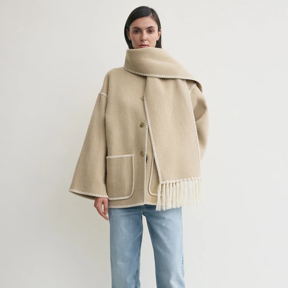 TOTEME Embroidered scarf draped fringed wool-blend jacket in cream harvest